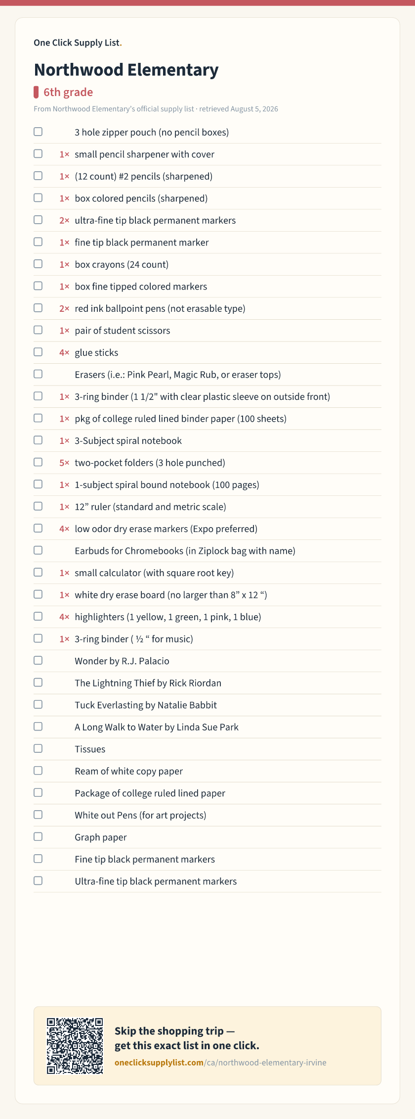 Northwood Elementary 6th grade supply list — printable image