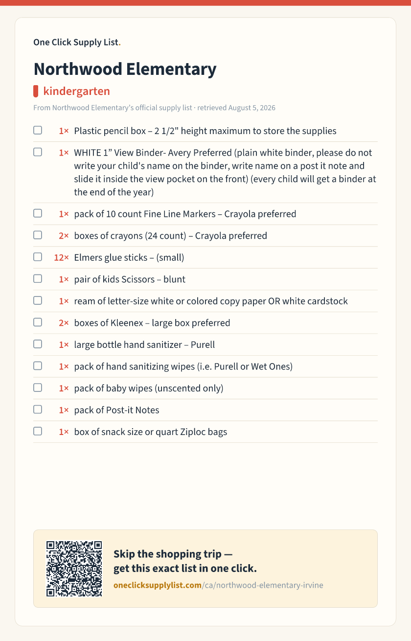 Northwood Elementary kindergarten supply list — printable image