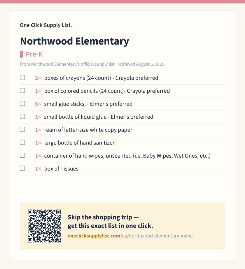 Northwood Elementary Pre-K supply list — printable image