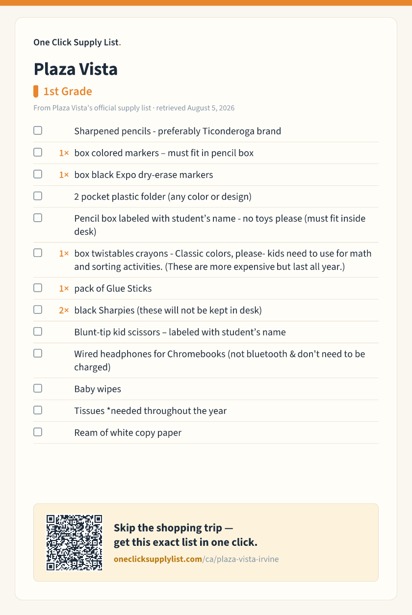 Plaza Vista 1st Grade supply list — printable image