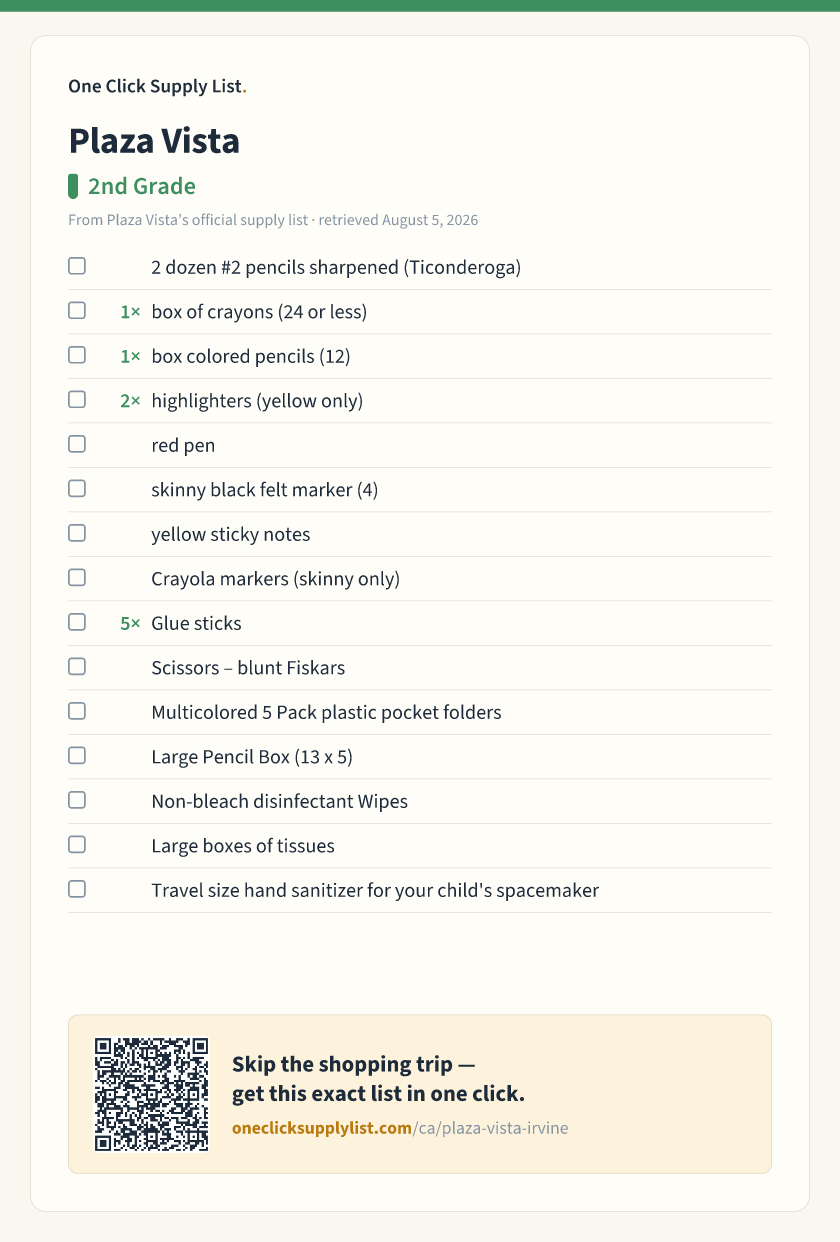 Plaza Vista 2nd Grade supply list — printable image