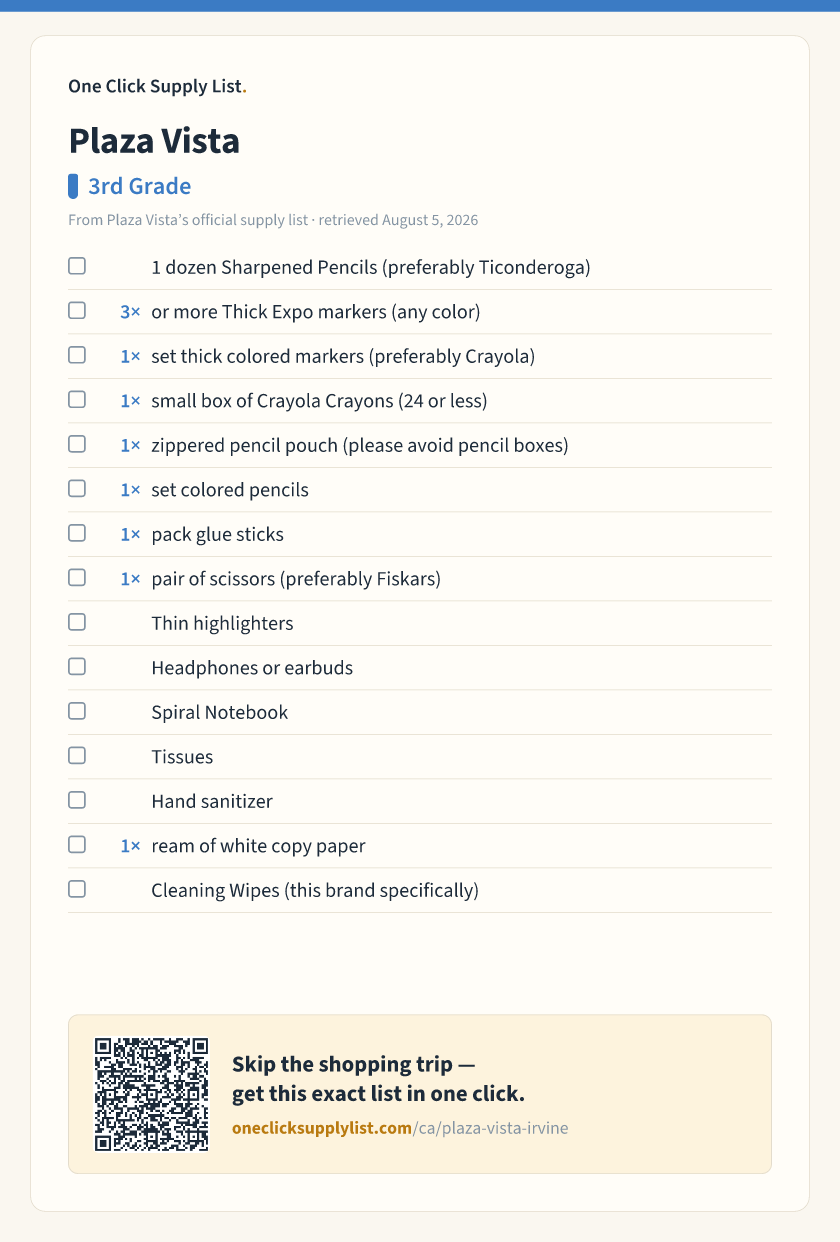 Plaza Vista 3rd Grade supply list — printable image