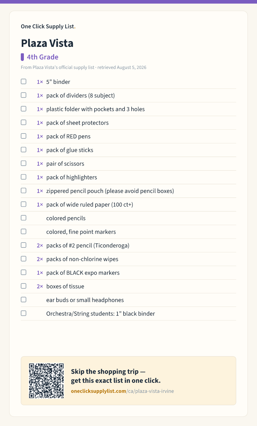 Plaza Vista 4th Grade supply list — printable image