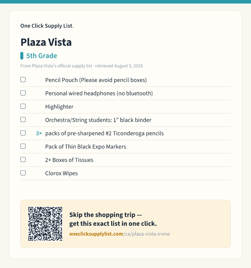 Plaza Vista 5th Grade supply list — printable image