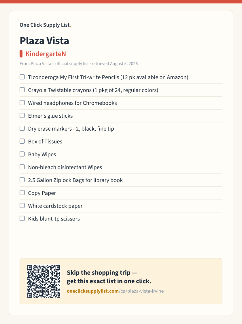 Plaza Vista Kindergarten supply list — printable image