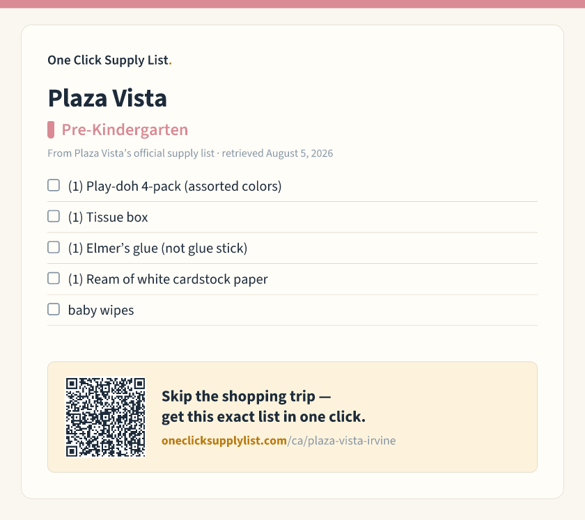 Plaza Vista Pre-Kindergarten supply list — printable image