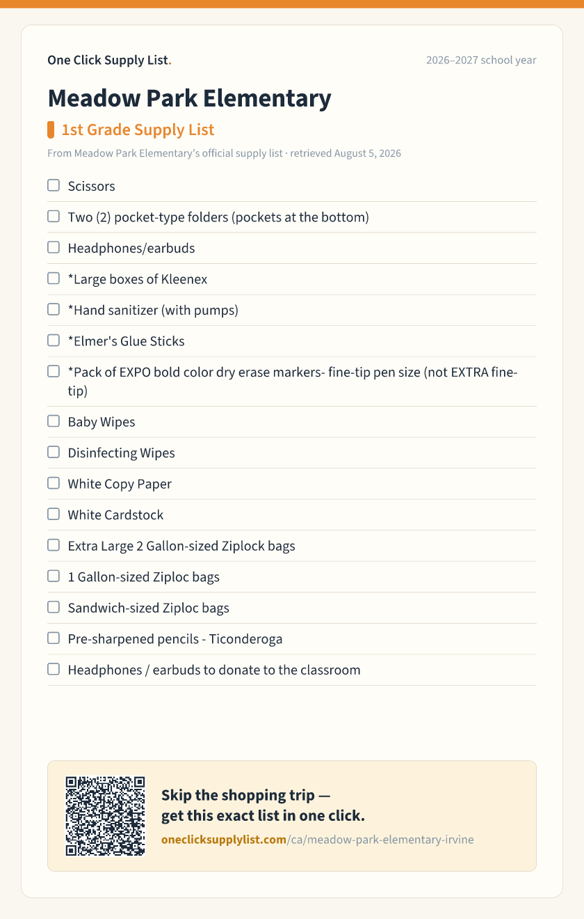 Meadow Park Elementary 1st Grade Supply List supply list — printable image