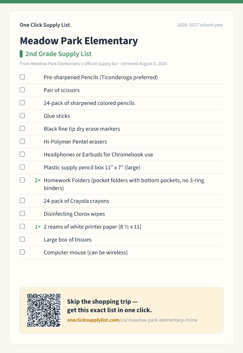 Meadow Park Elementary 2nd Grade Supply List supply list — printable image