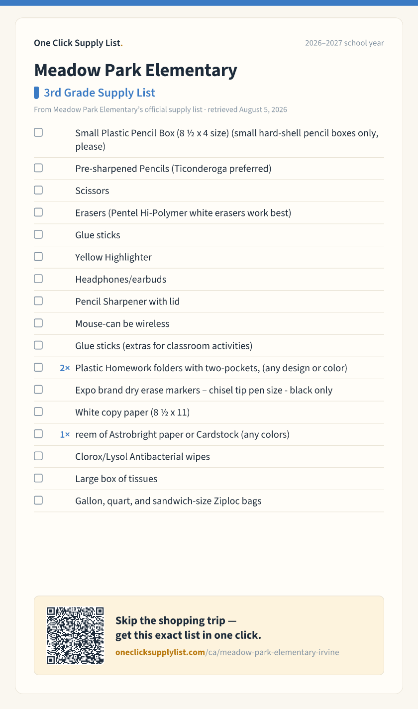 Meadow Park Elementary 3rd Grade Supply List supply list — printable image