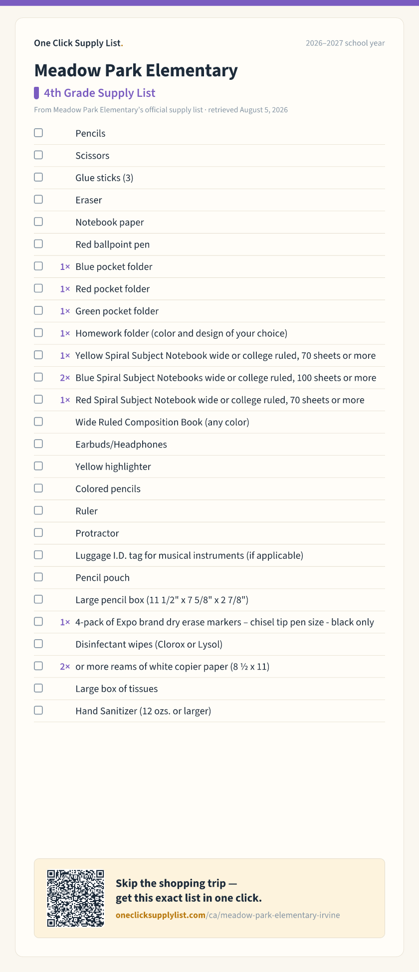 Meadow Park Elementary 4th Grade Supply List supply list — printable image