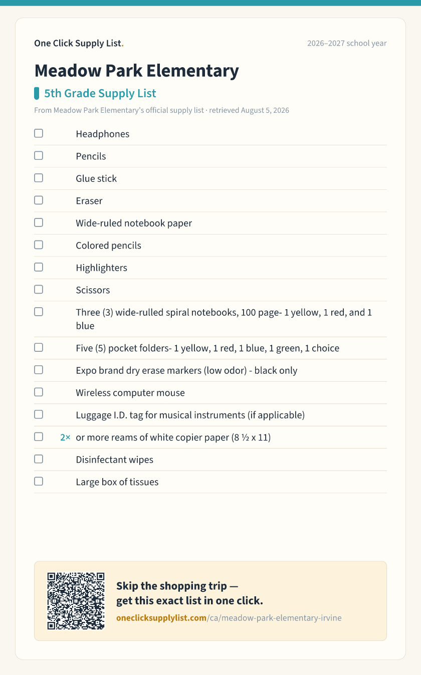 Meadow Park Elementary 5th Grade Supply List supply list — printable image