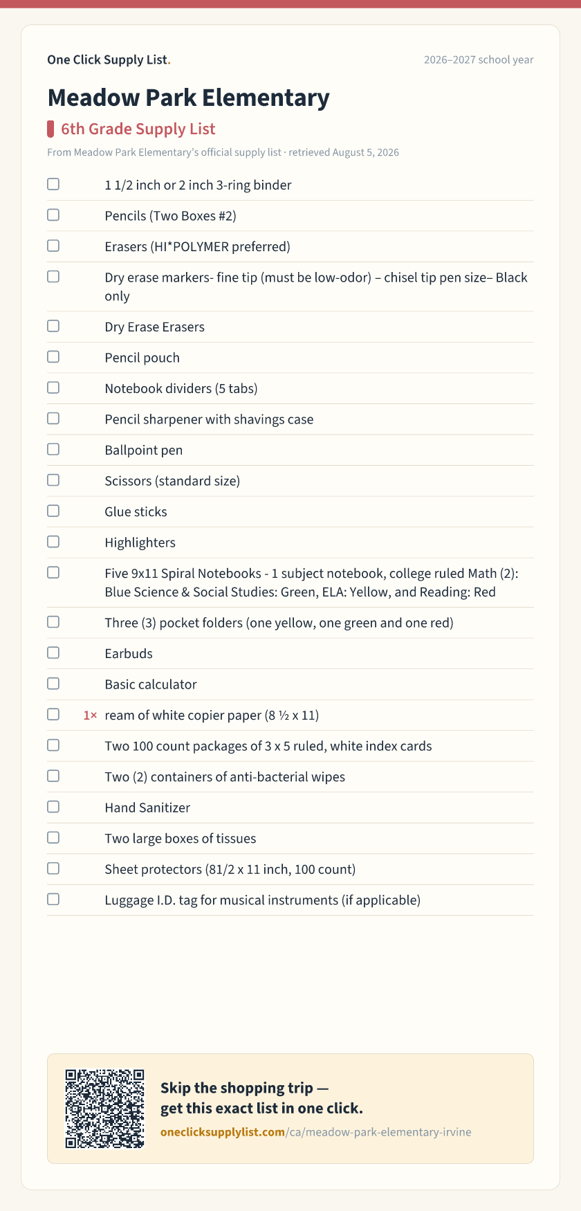 Meadow Park Elementary 6th Grade Supply List supply list — printable image