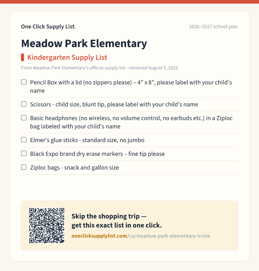 Meadow Park Elementary Kindergarten Supply List supply list — printable image