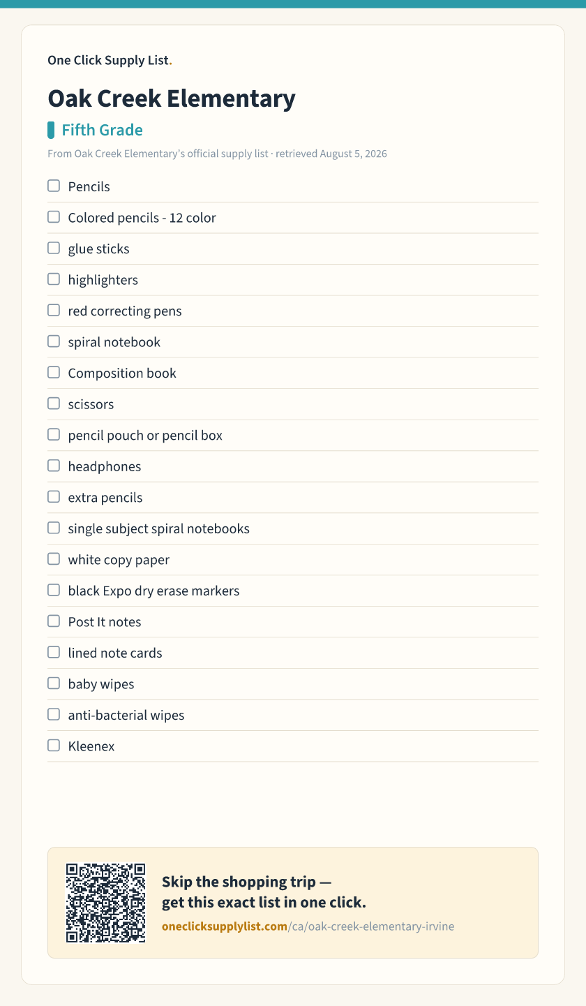 Oak Creek Elementary Fifth Grade supply list — printable image