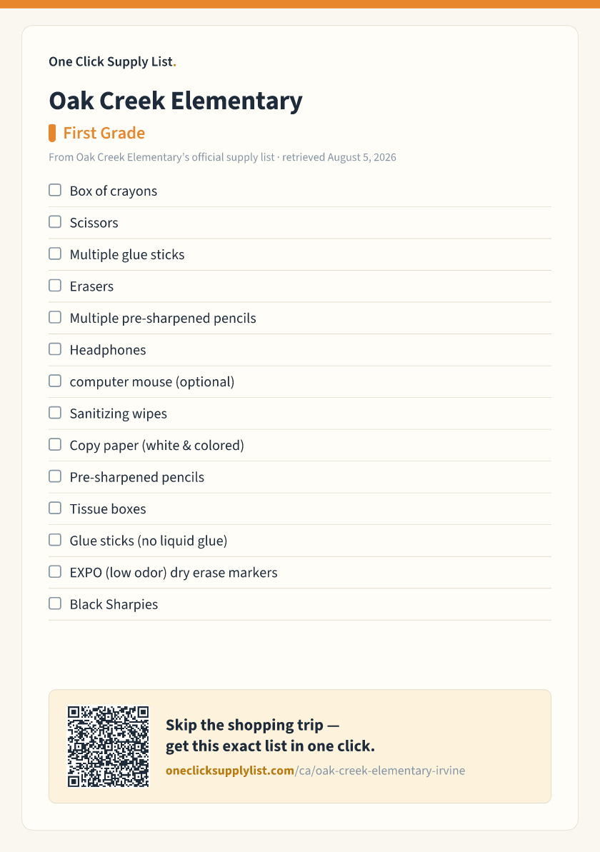 Oak Creek Elementary First Grade supply list — printable image