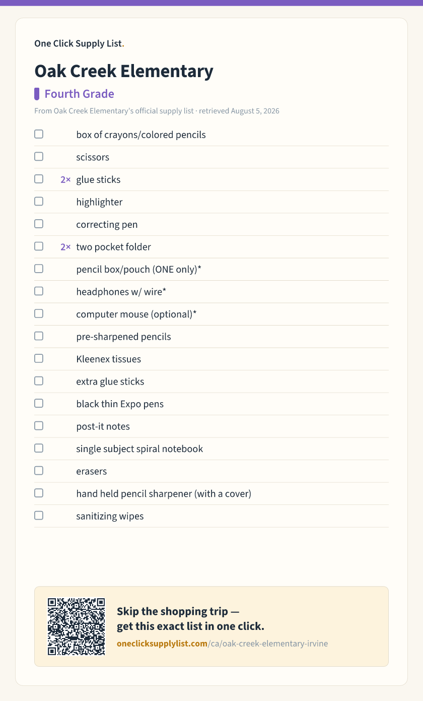 Oak Creek Elementary Fourth Grade supply list — printable image
