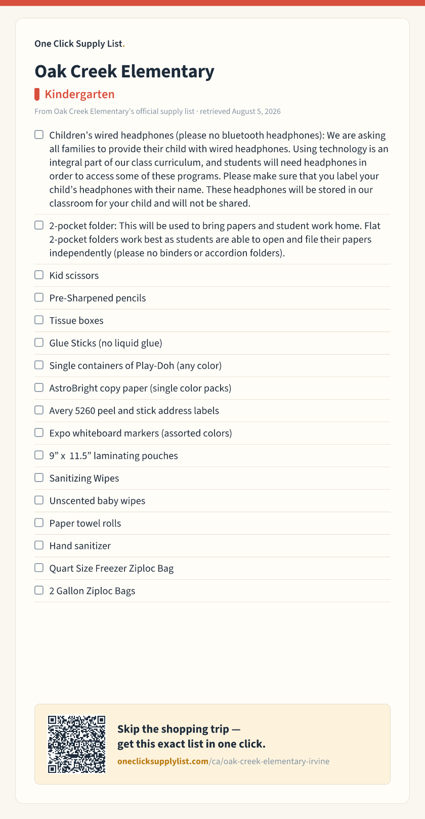 Oak Creek Elementary Kindergarten supply list — printable image