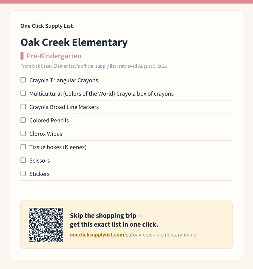 Oak Creek Elementary Pre-Kindergarten supply list — printable image