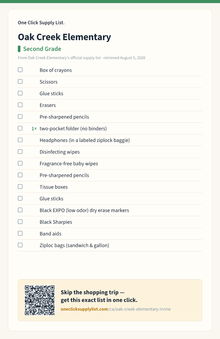 Oak Creek Elementary Second Grade supply list — printable image