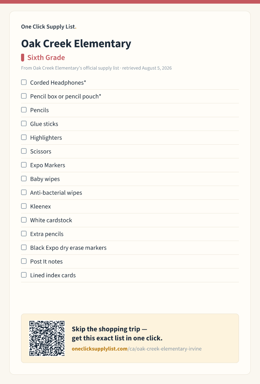 Oak Creek Elementary Sixth Grade supply list — printable image