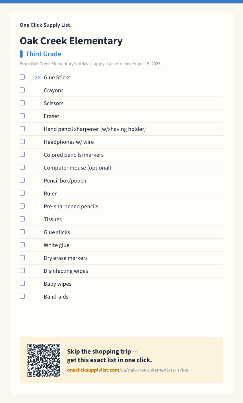 Oak Creek Elementary Third Grade supply list — printable image