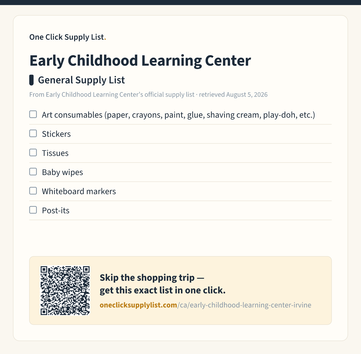 Early Childhood Learning Center General Supply List supply list — printable image