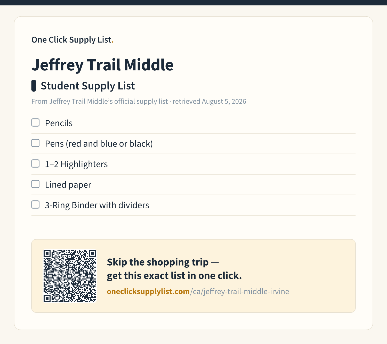 Jeffrey Trail Middle Student Supply List supply list — printable image