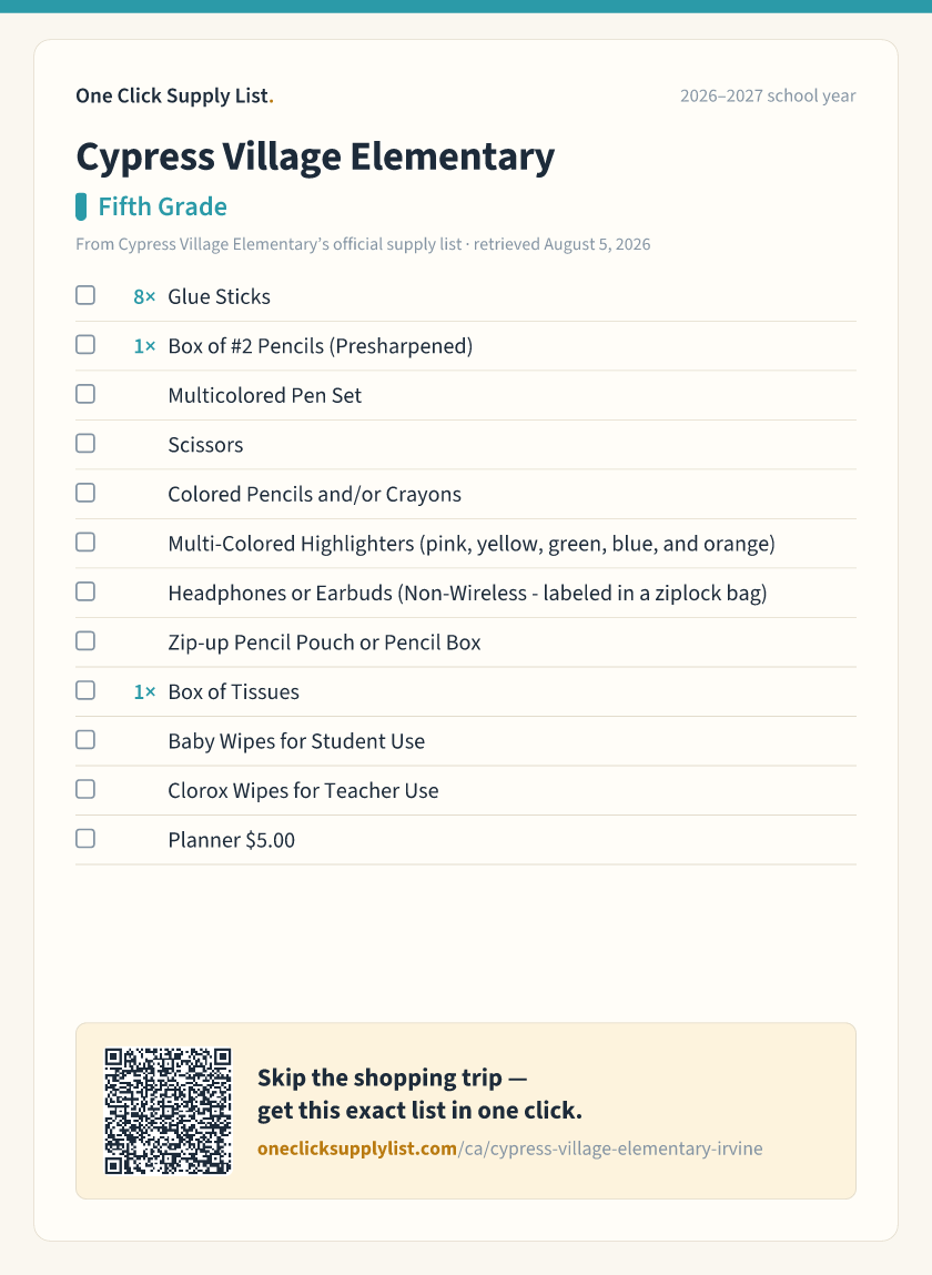 Cypress Village Elementary Fifth Grade supply list — printable image