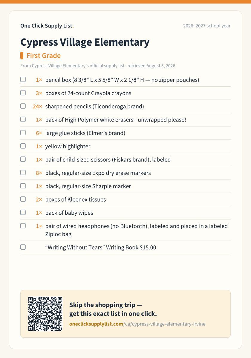 Cypress Village Elementary First Grade supply list — printable image