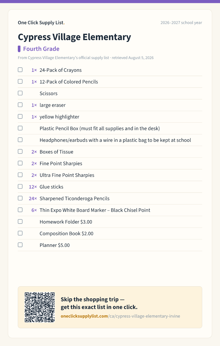 Cypress Village Elementary Fourth Grade supply list — printable image