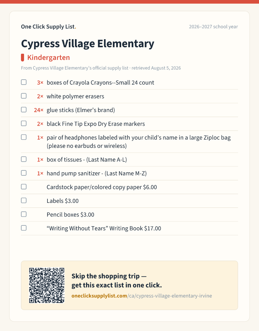 Cypress Village Elementary Kindergarten supply list — printable image