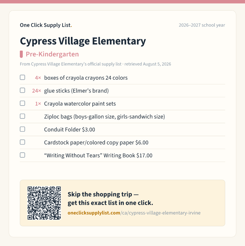 Cypress Village Elementary Pre-Kindergarten supply list — printable image