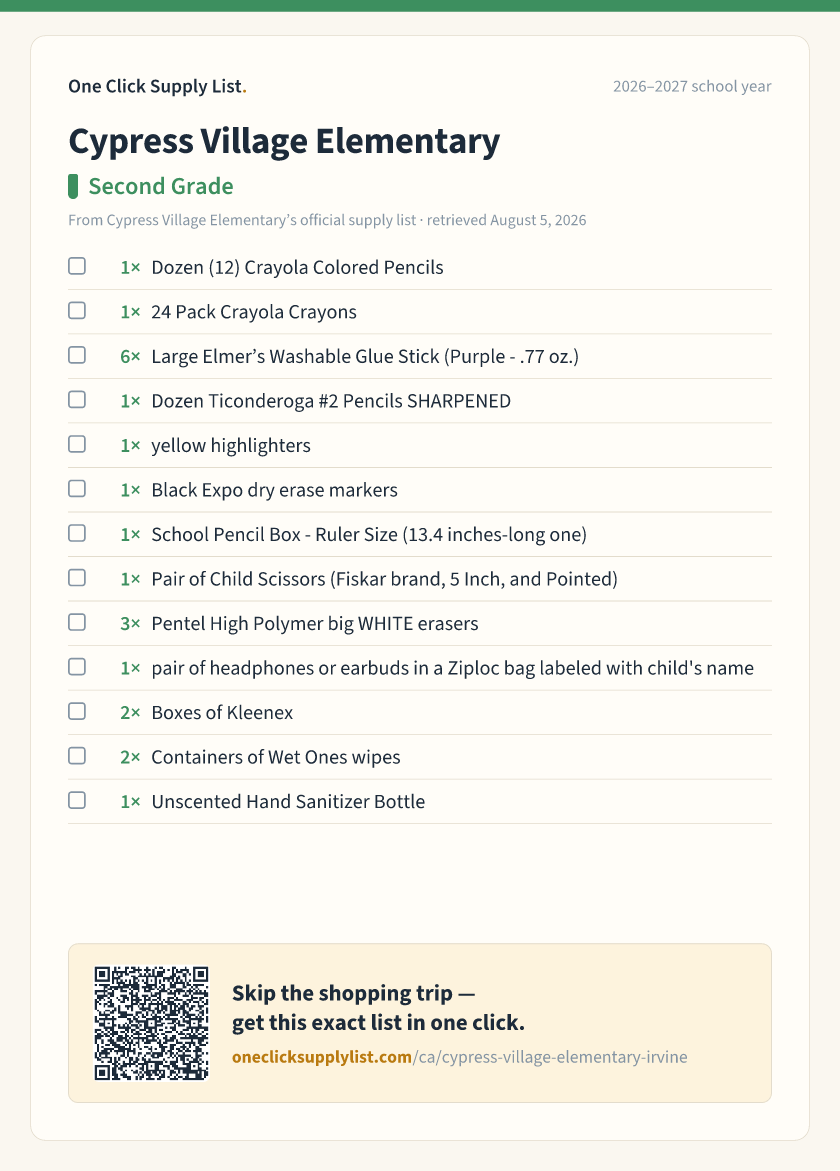 Cypress Village Elementary Second Grade supply list — printable image