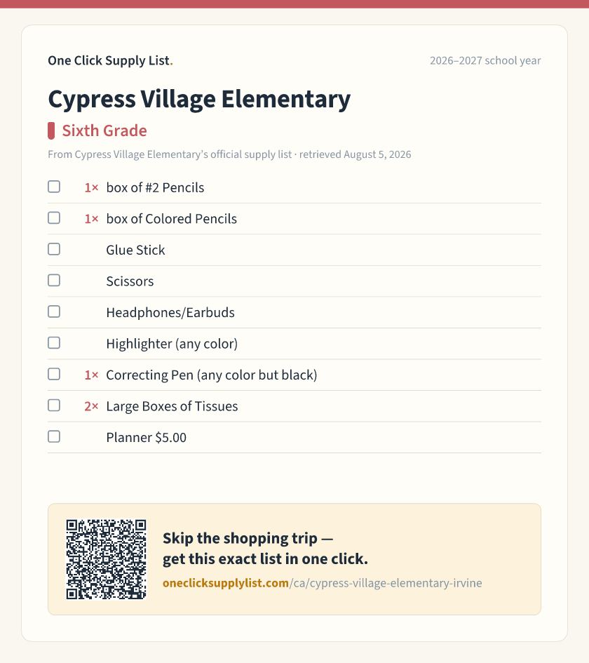 Cypress Village Elementary Sixth Grade supply list — printable image