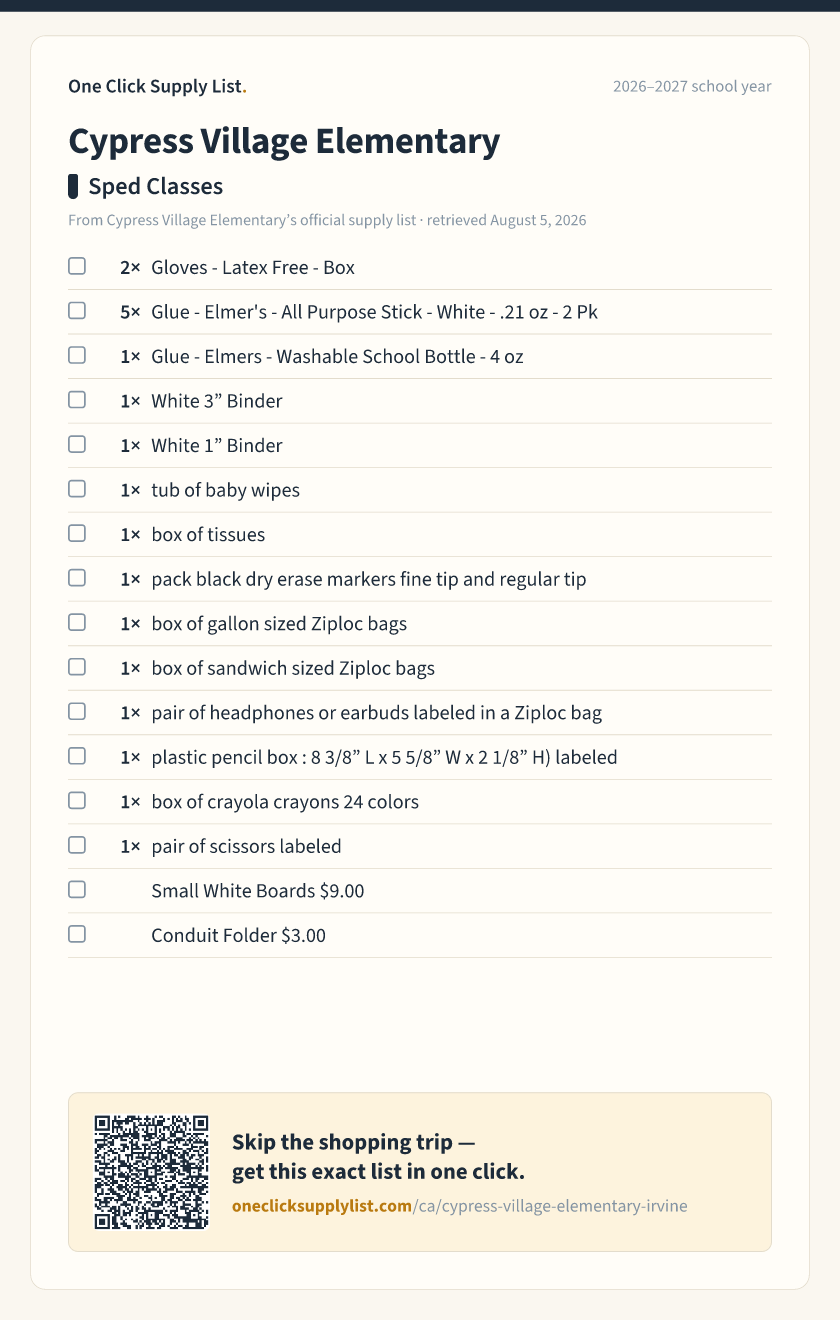 Cypress Village Elementary Sped Classes supply list — printable image