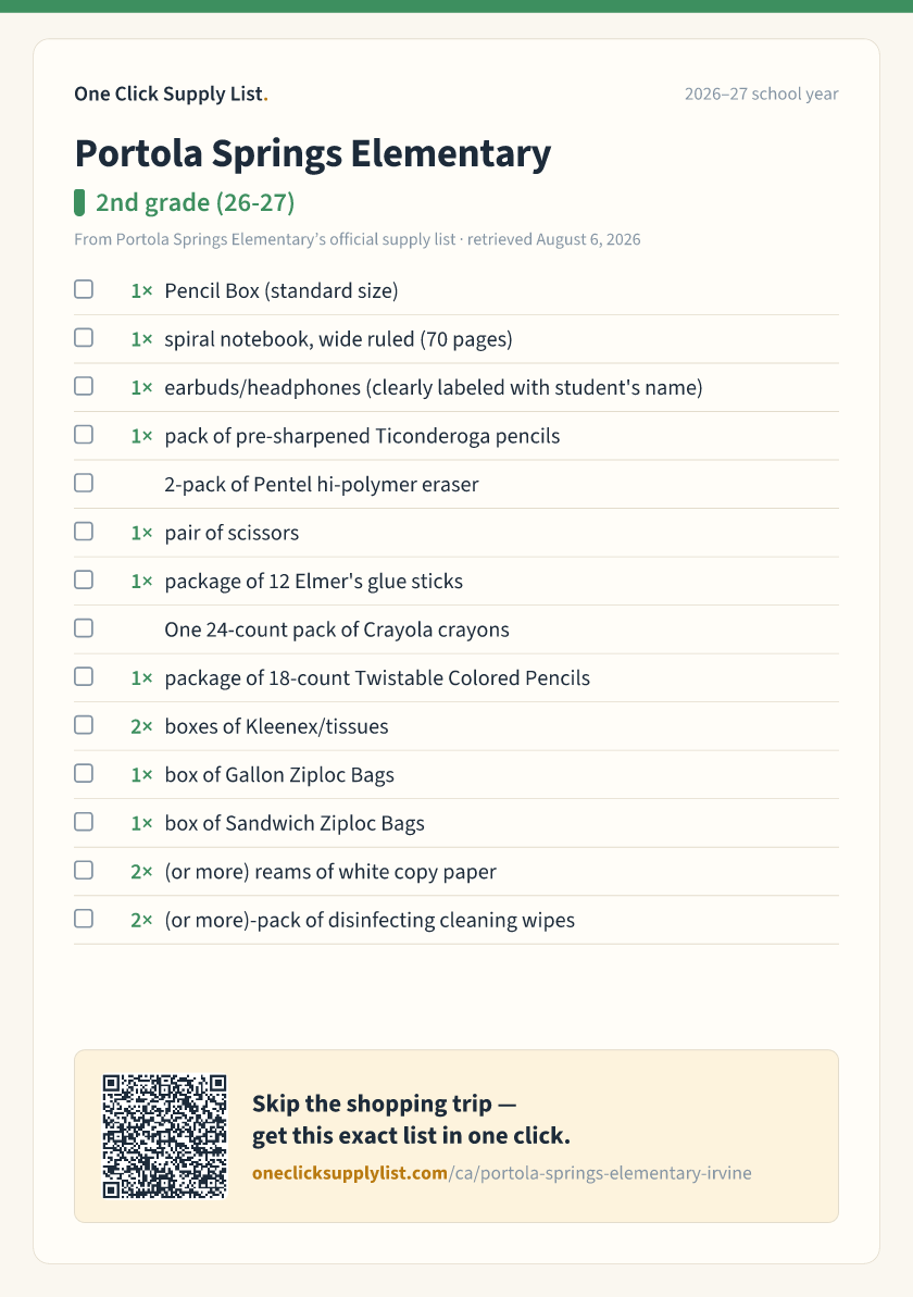Portola Springs Elementary 2nd grade (26-27) supply list — printable image