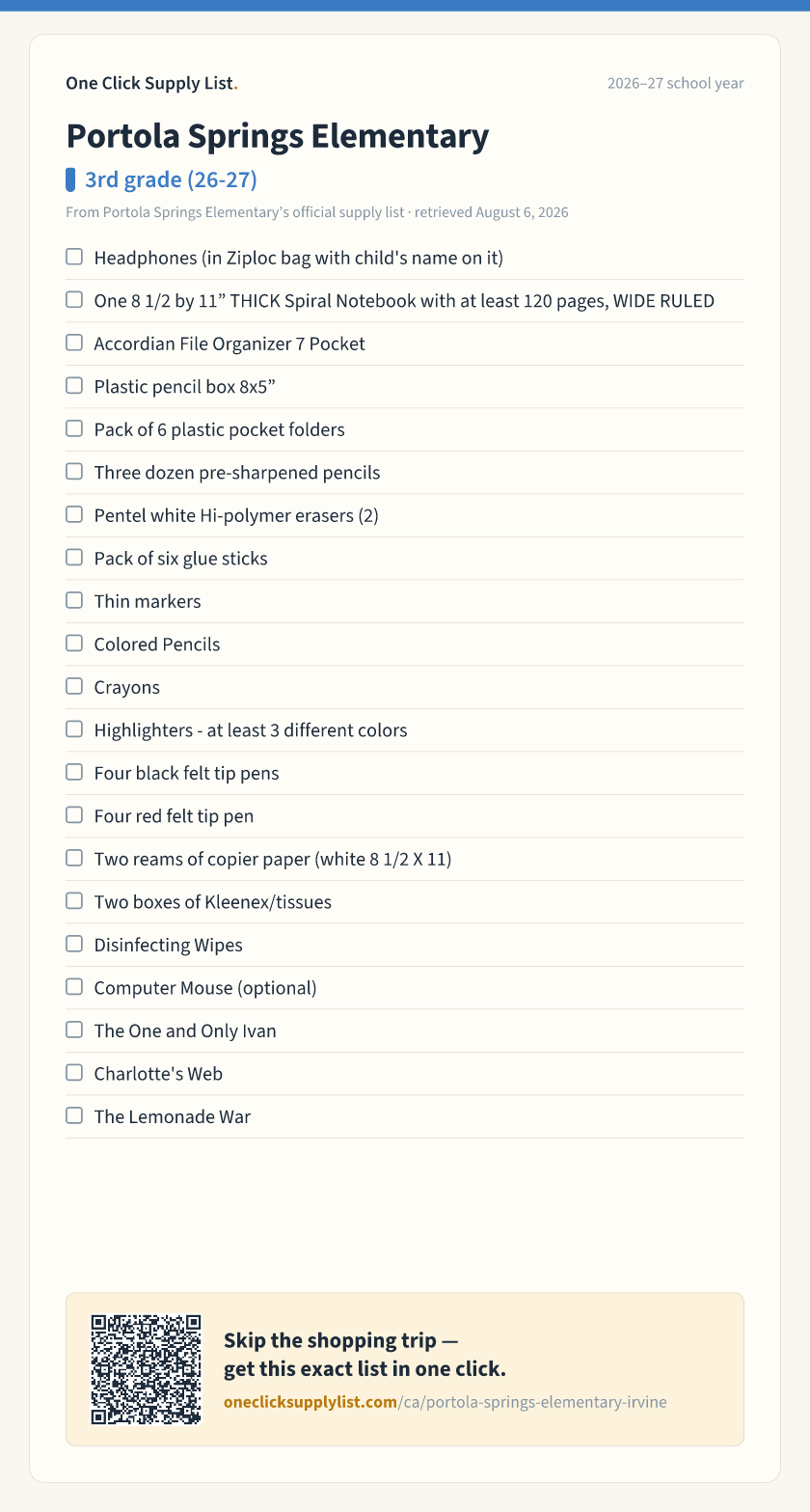 Portola Springs Elementary 3rd grade (26-27) supply list — printable image