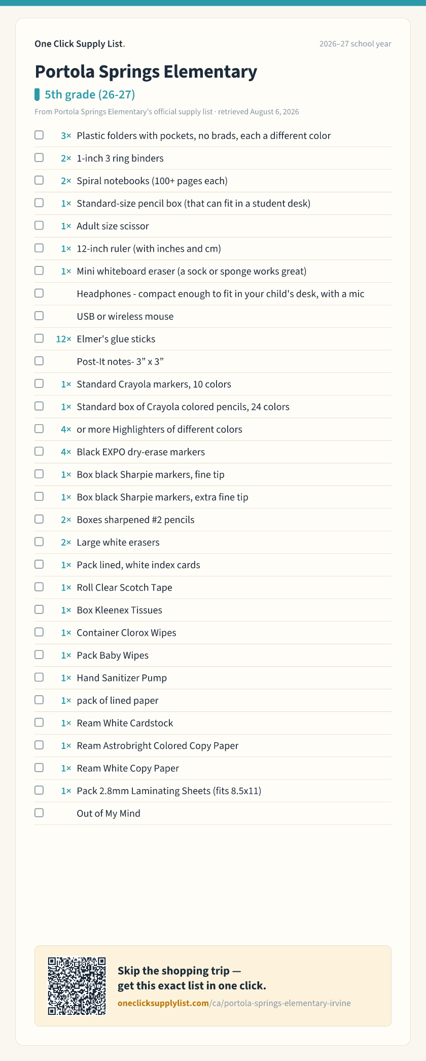 Portola Springs Elementary 5th grade (26-27) supply list — printable image