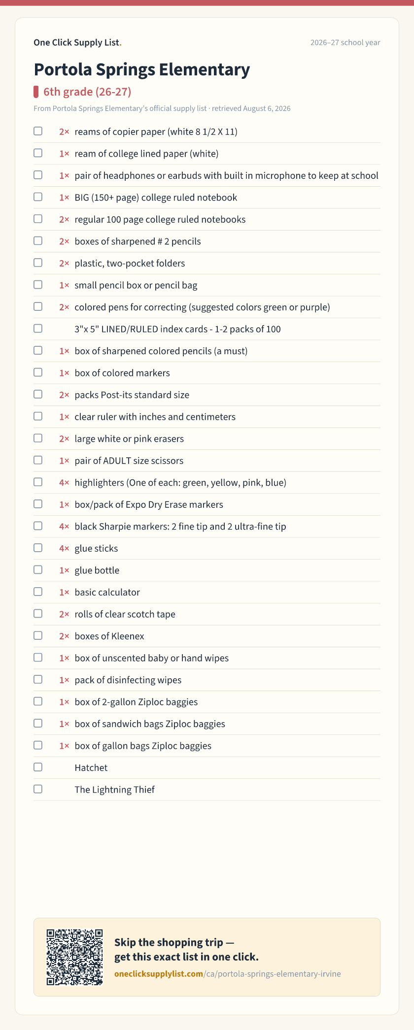 Portola Springs Elementary 6th grade (26-27) supply list — printable image