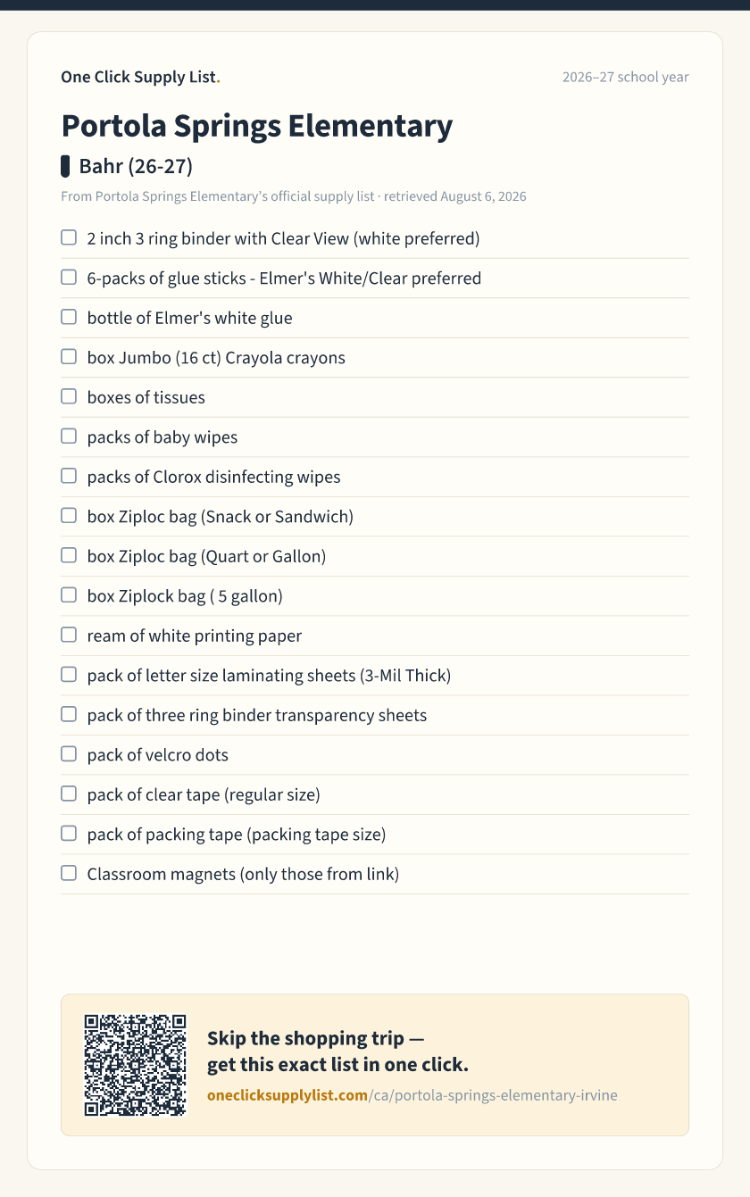 Portola Springs Elementary Bahr (26-27) supply list — printable image