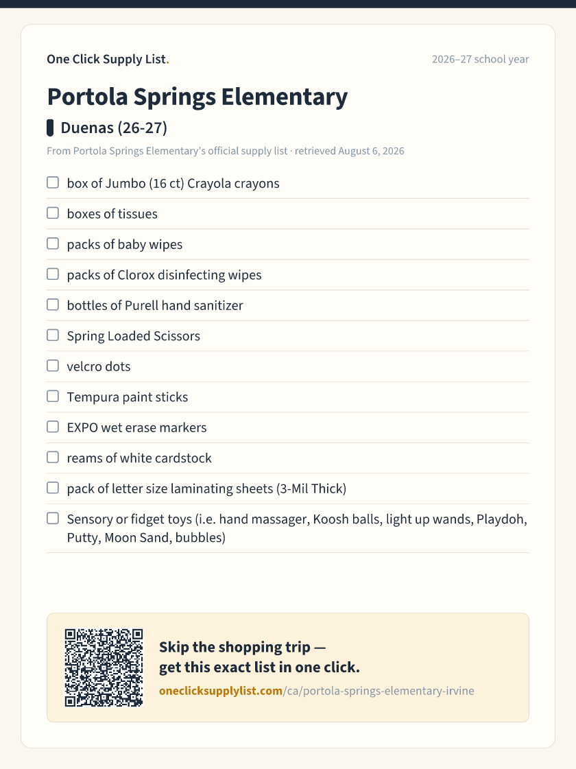 Portola Springs Elementary Duenas (26-27) supply list — printable image