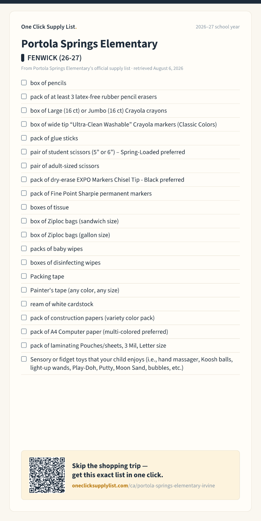 Portola Springs Elementary FENWICK (26-27) supply list — printable image