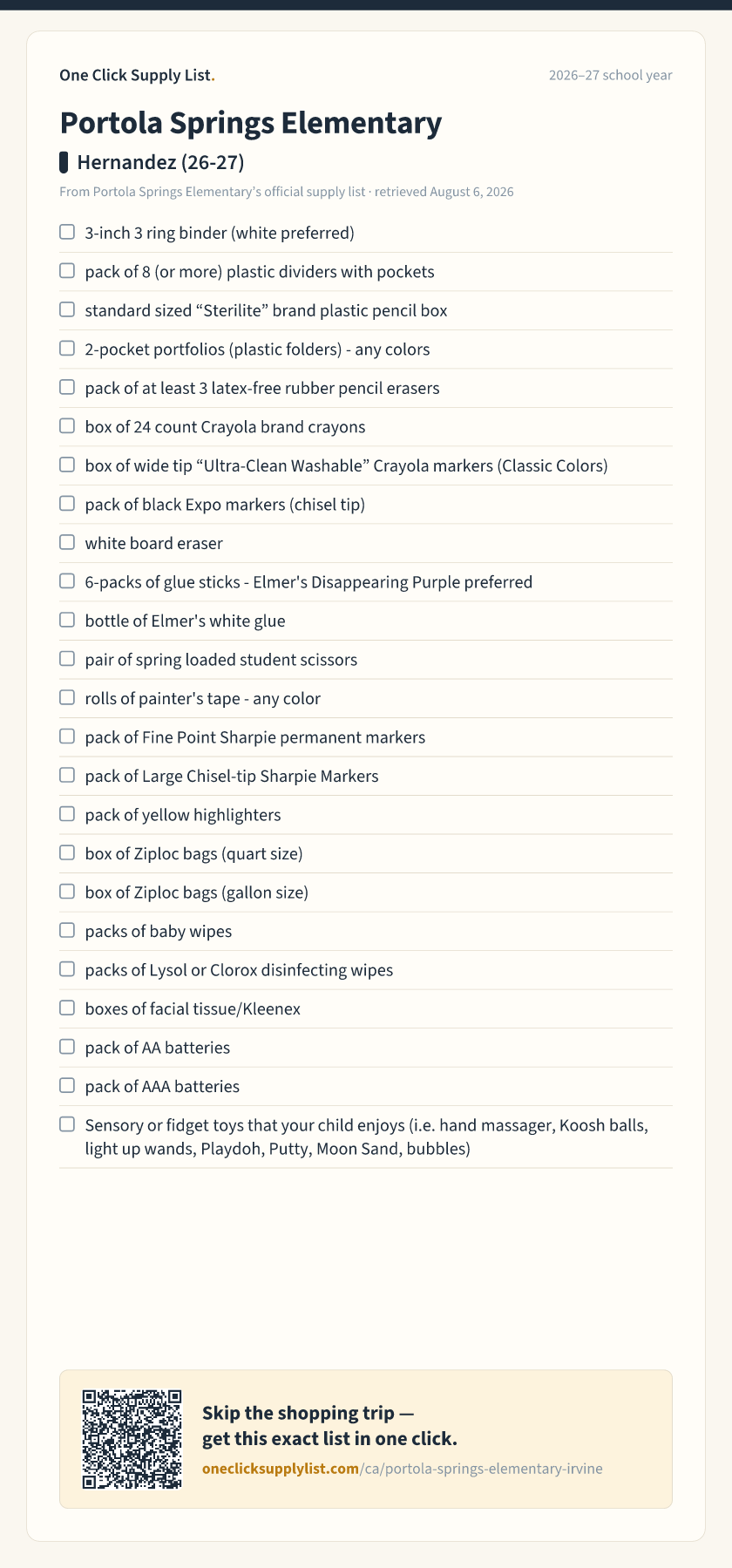 Portola Springs Elementary Hernandez (26-27) supply list — printable image