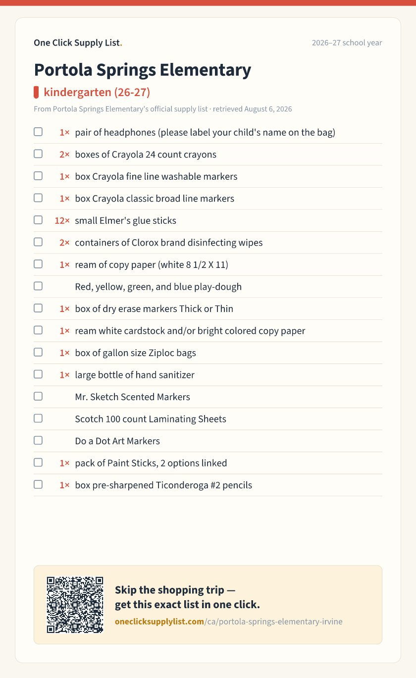 Portola Springs Elementary kindergarten (26-27) supply list — printable image