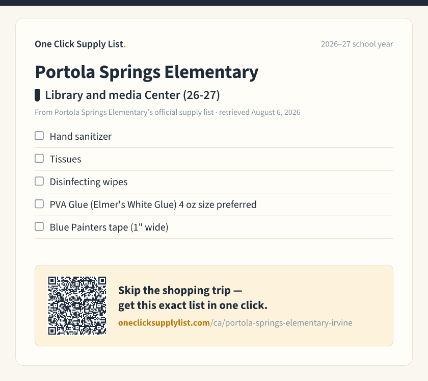 Portola Springs Elementary Library and media Center (26-27) supply list — printable image