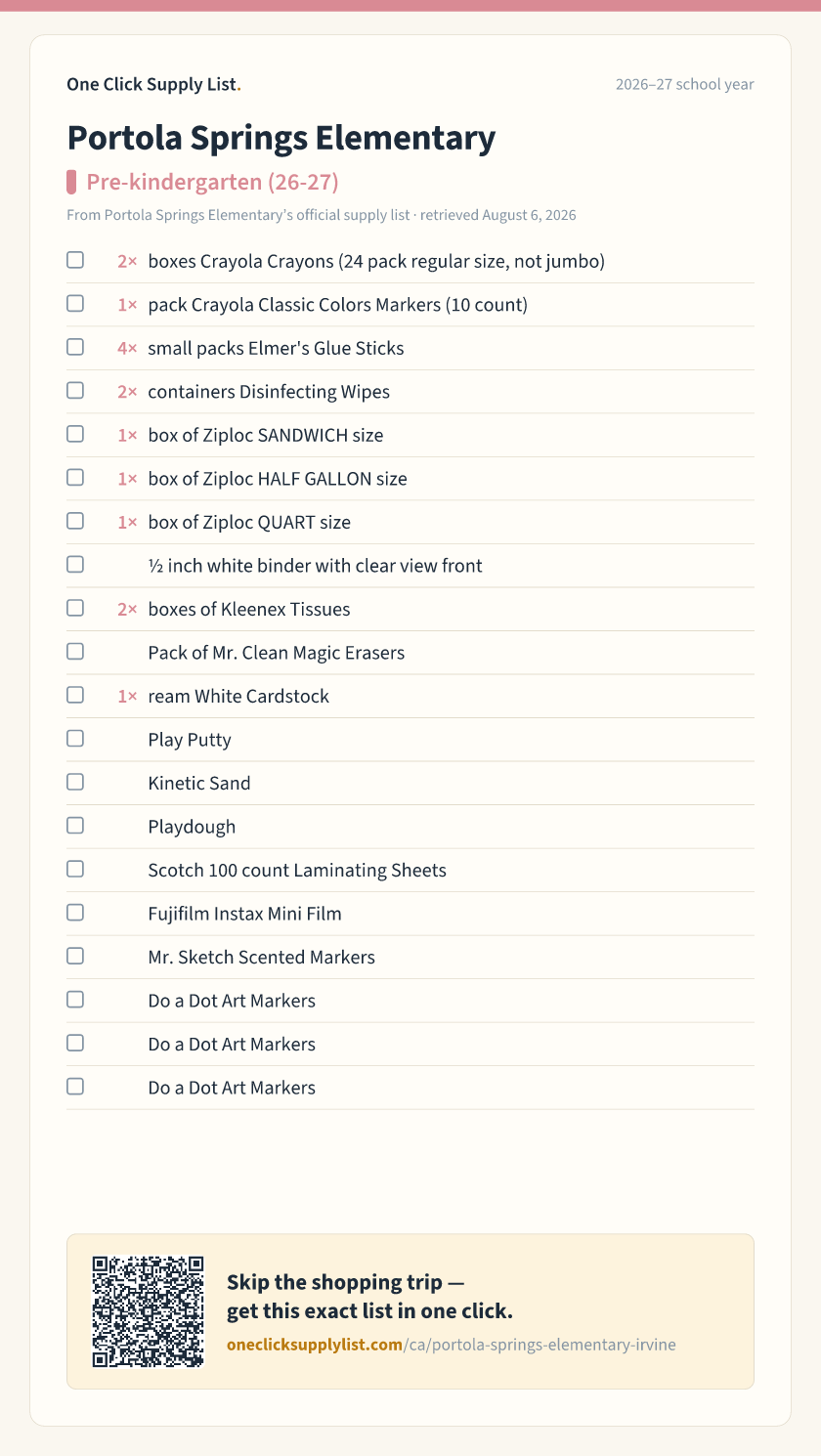 Portola Springs Elementary Pre-kindergarten (26-27) supply list — printable image