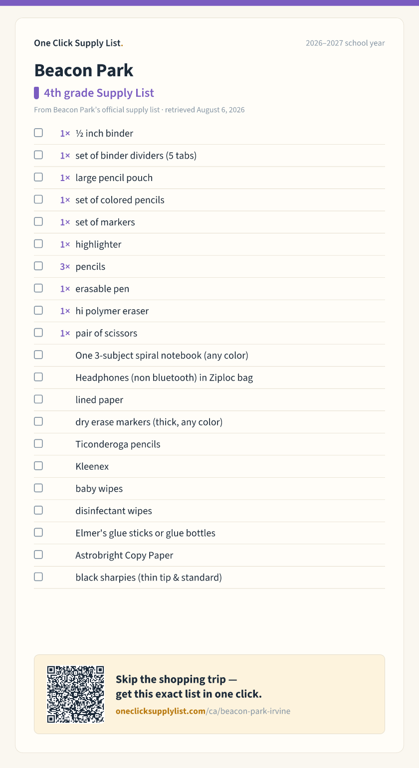 Beacon Park 4th grade Supply List supply list — printable image