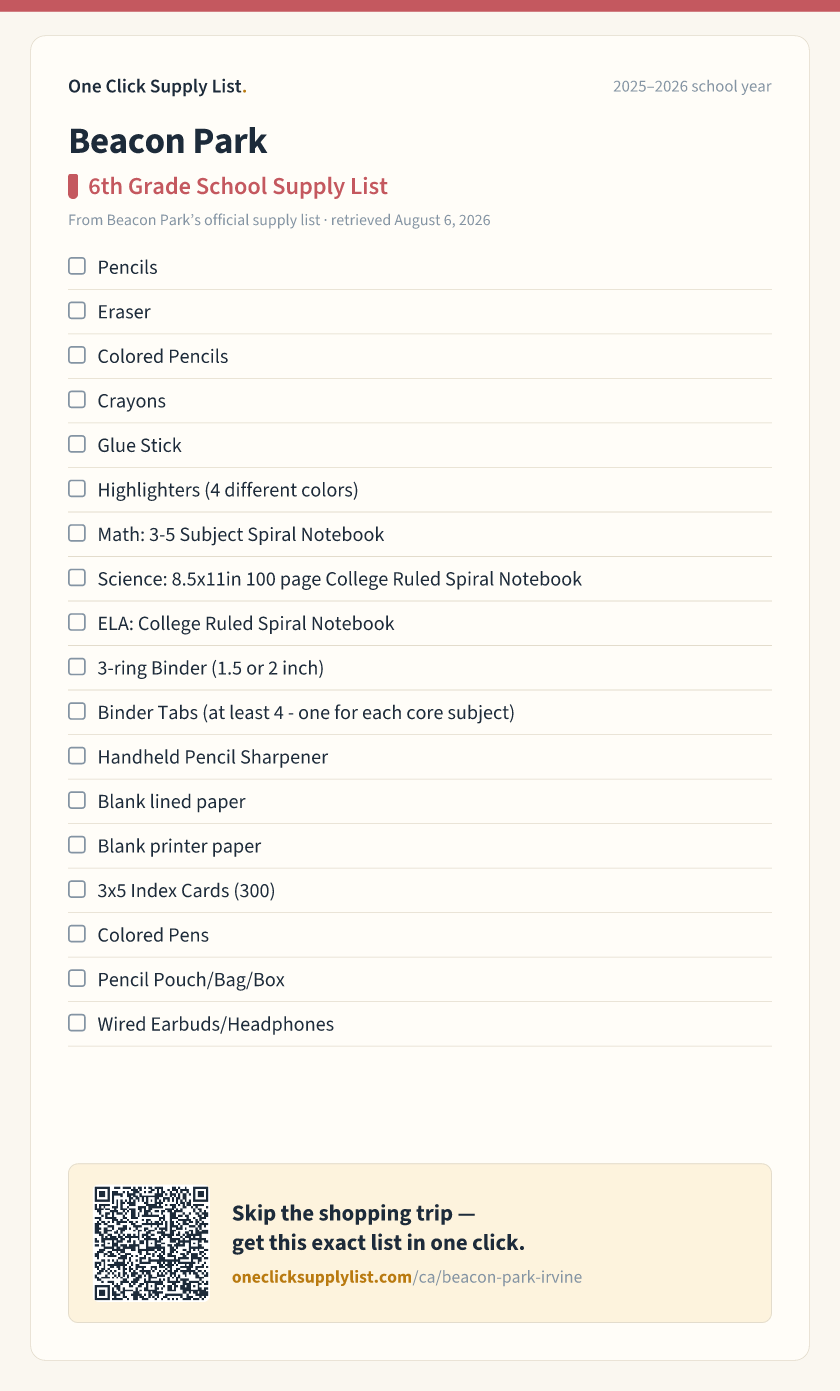 Beacon Park 6th Grade School Supply List supply list — printable image
