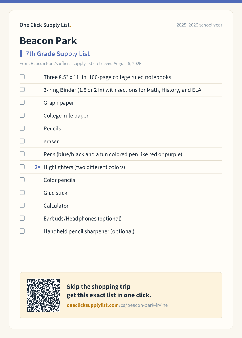 Beacon Park 7th Grade Supply List supply list — printable image