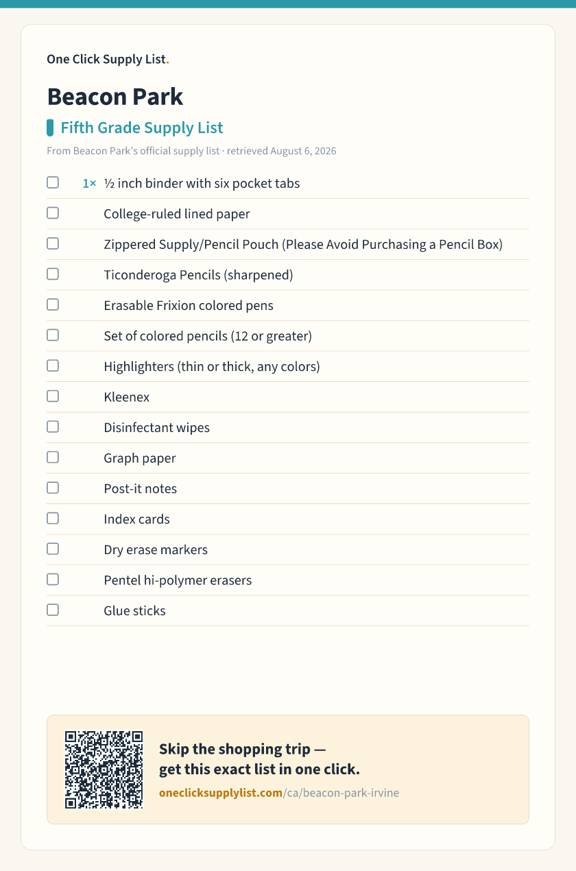 Beacon Park Fifth Grade Supply List supply list — printable image